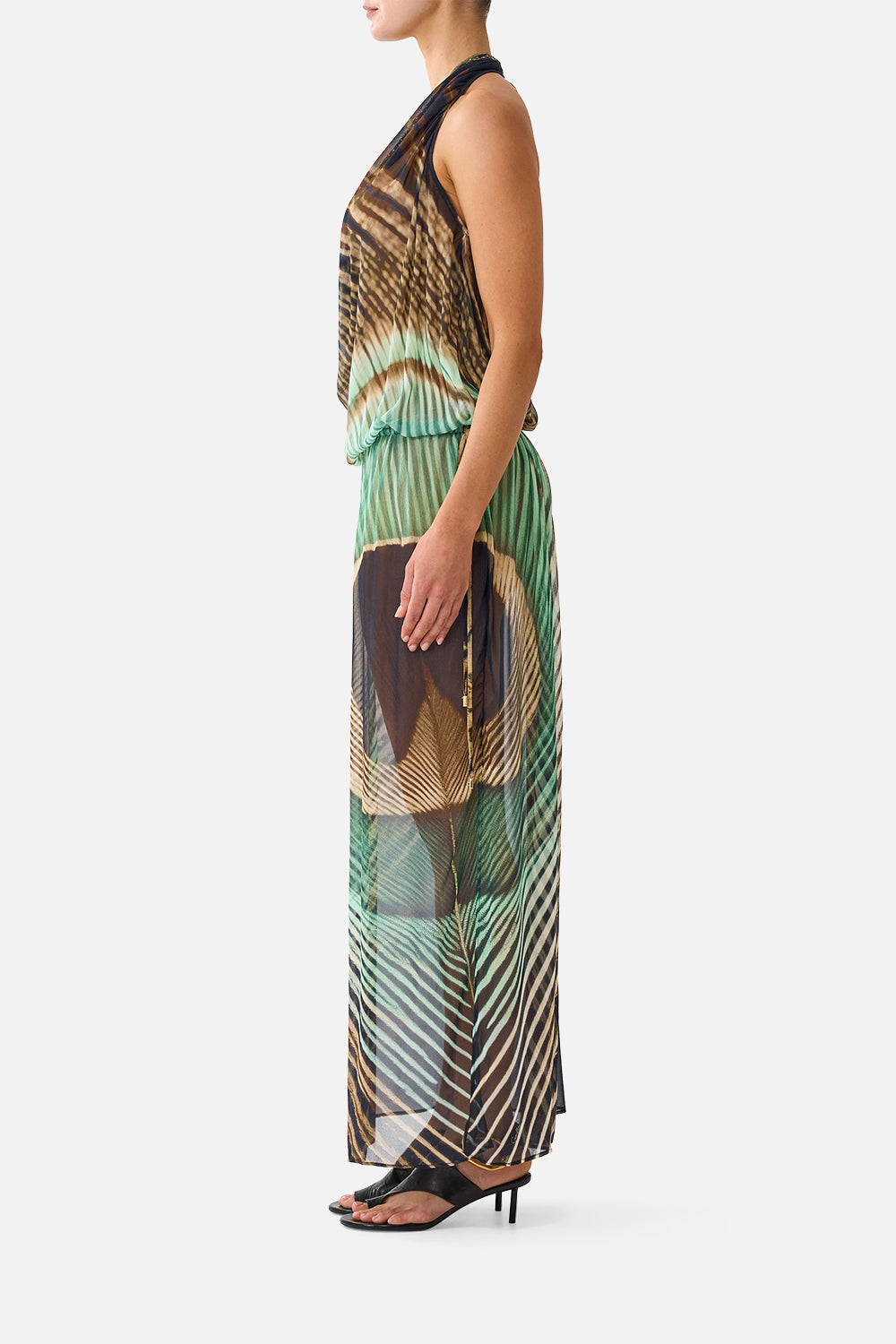 The CAMILLA Drape Front Drawcord Maxi Dress in Print A Wink to the Wild. Model View