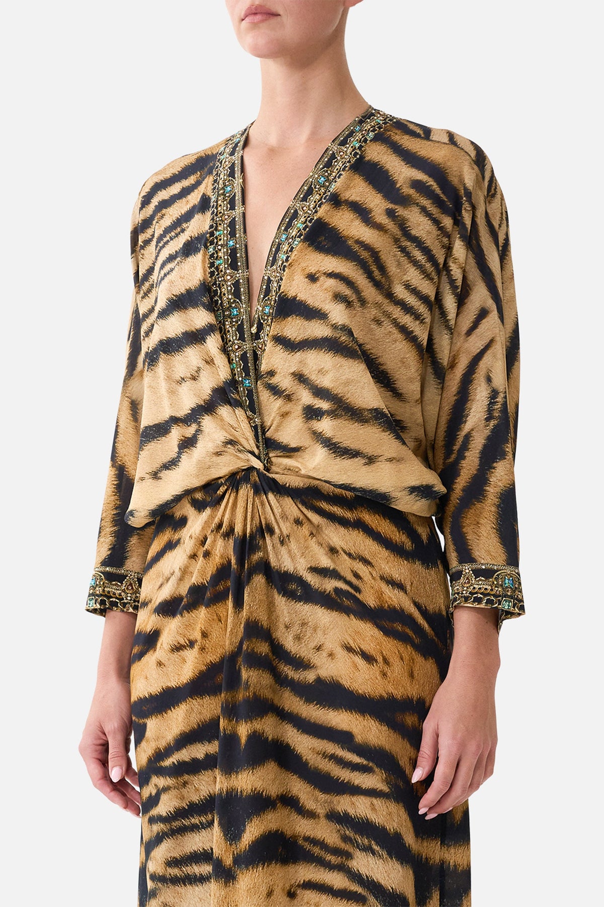 The CAMILLA Twist Front Batwing Dress in Print A Wink to the Wild. Model View