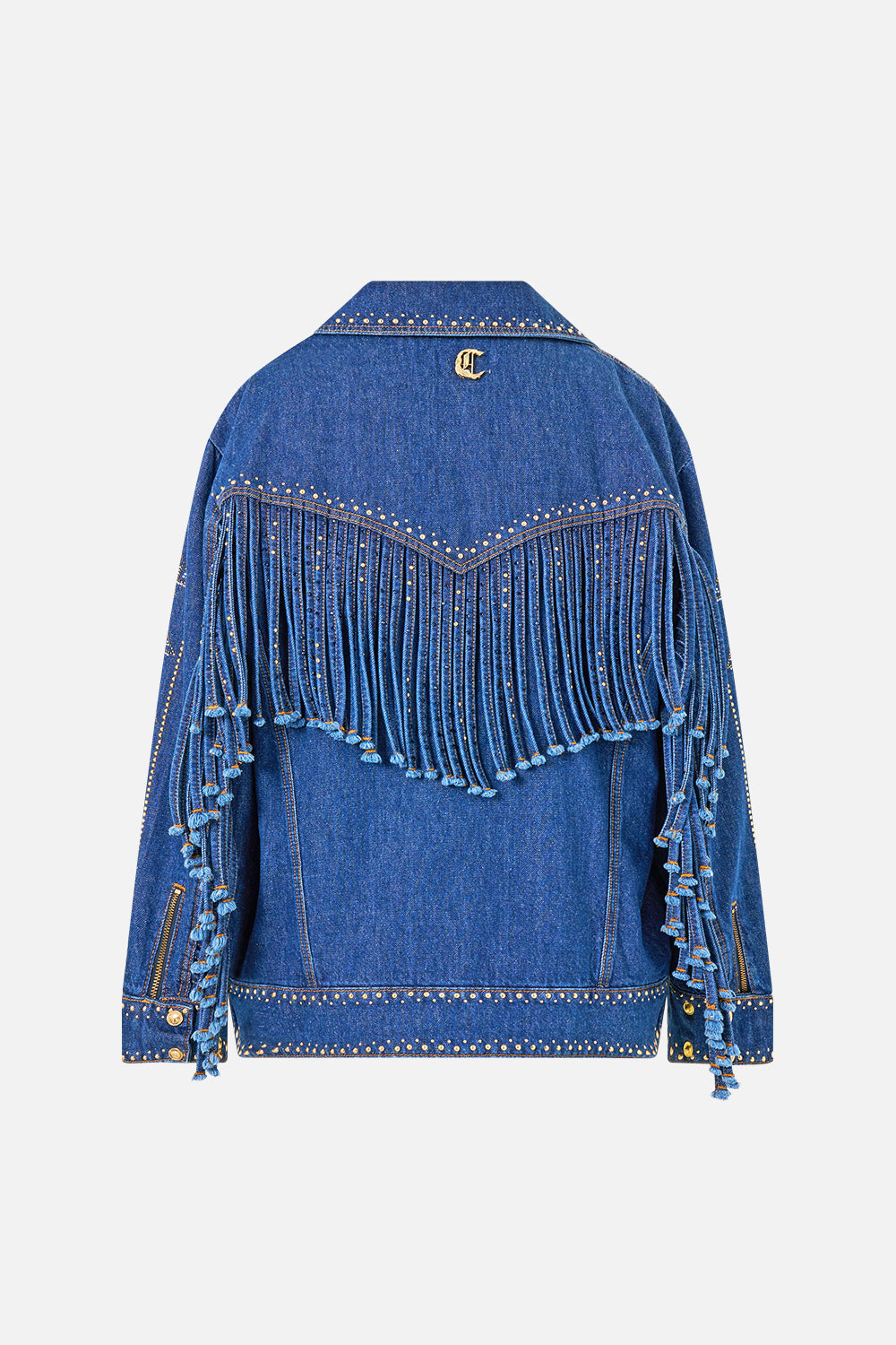 The CAMILLA Verushka Oversized Biker Jacket in Denim. Ghost View Back