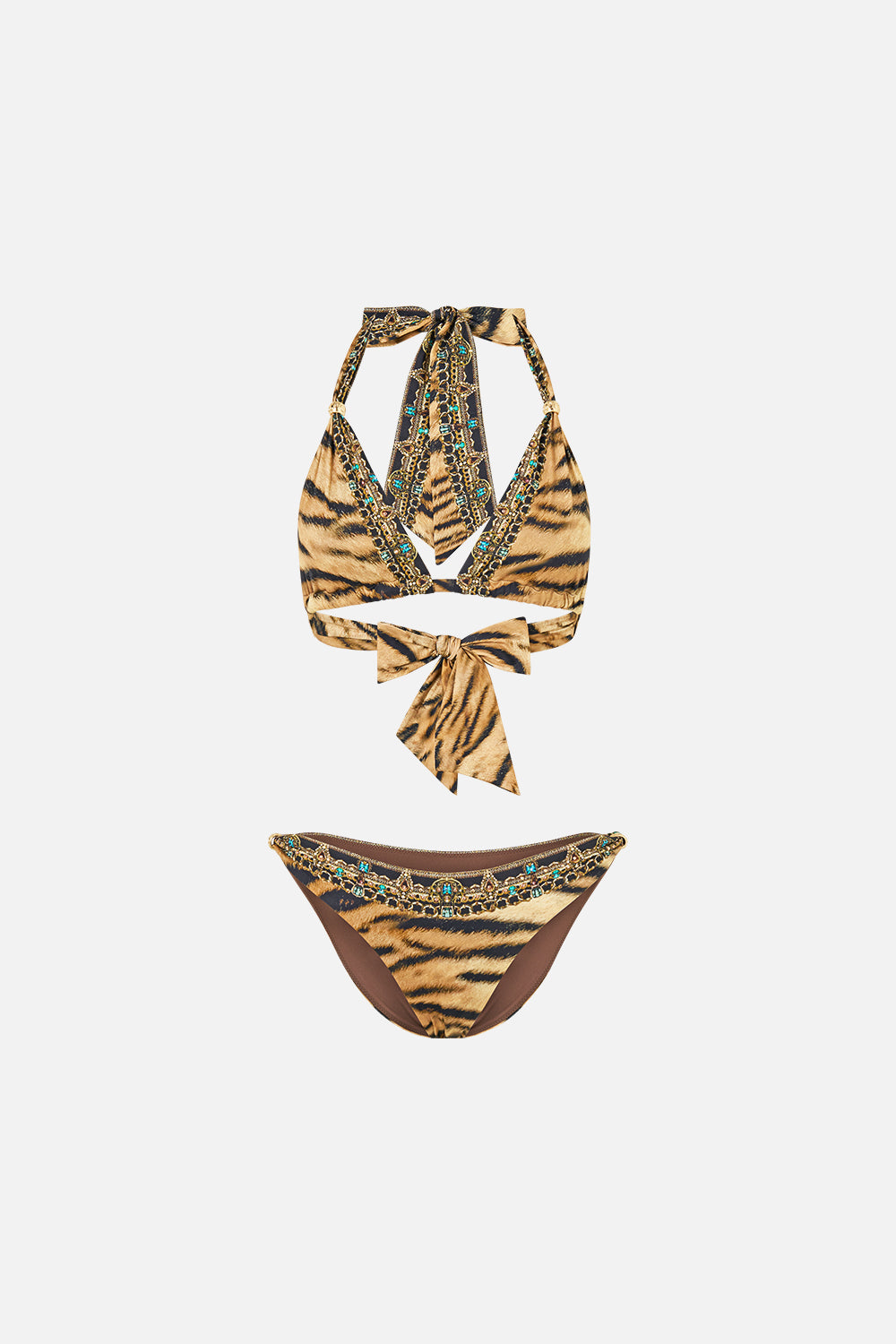 The CAMILLA Soft Thick Tie Tri Bikini Set W/ Trims in Print A Wink to the Wild. Ghost View Front