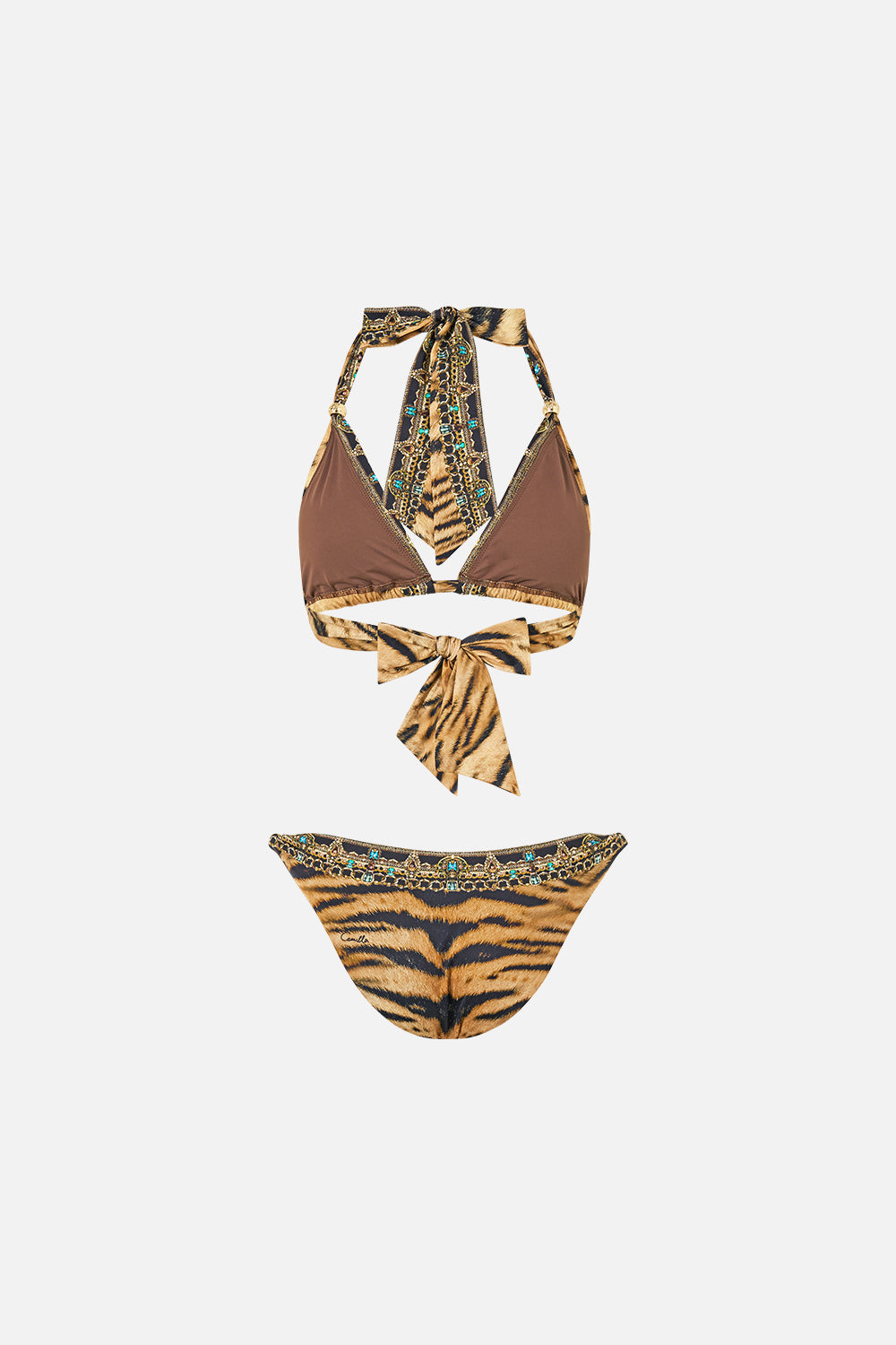 The CAMILLA Soft Thick Tie Tri Bikini Set W/ Trims in Print A Wink to the Wild. Ghost View Back