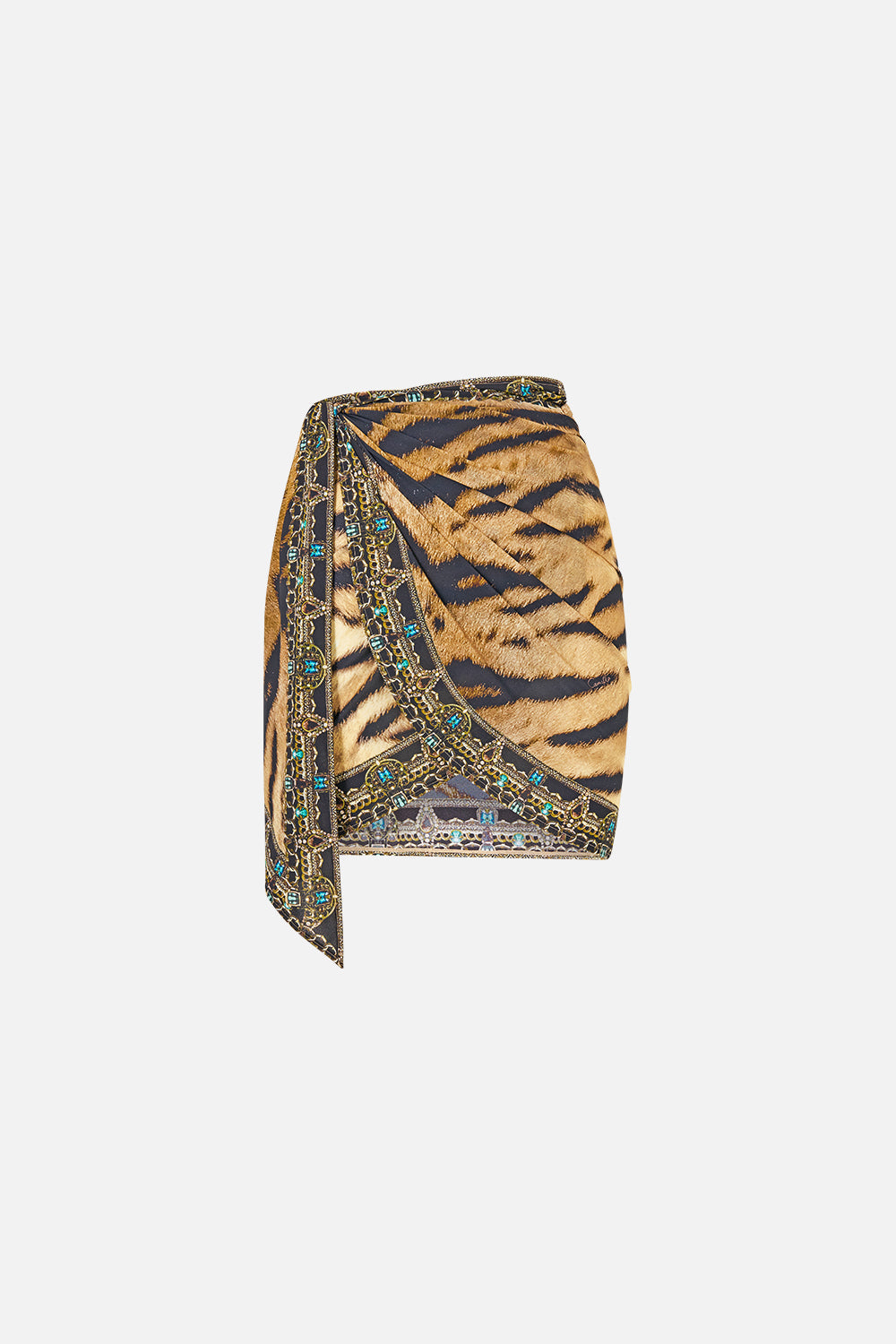 The CAMILLA Eyelet Wrap Mini Sarong W/ Tie Waist in Print A Wink to the Wild. Ghost View Front