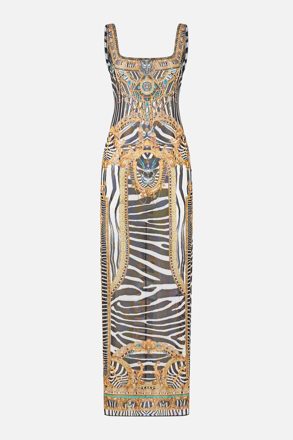 The CAMILLA Square Neck Beach Maxi Dress W/ Low Back in Print Zig Zag Zoo. Ghost View Front