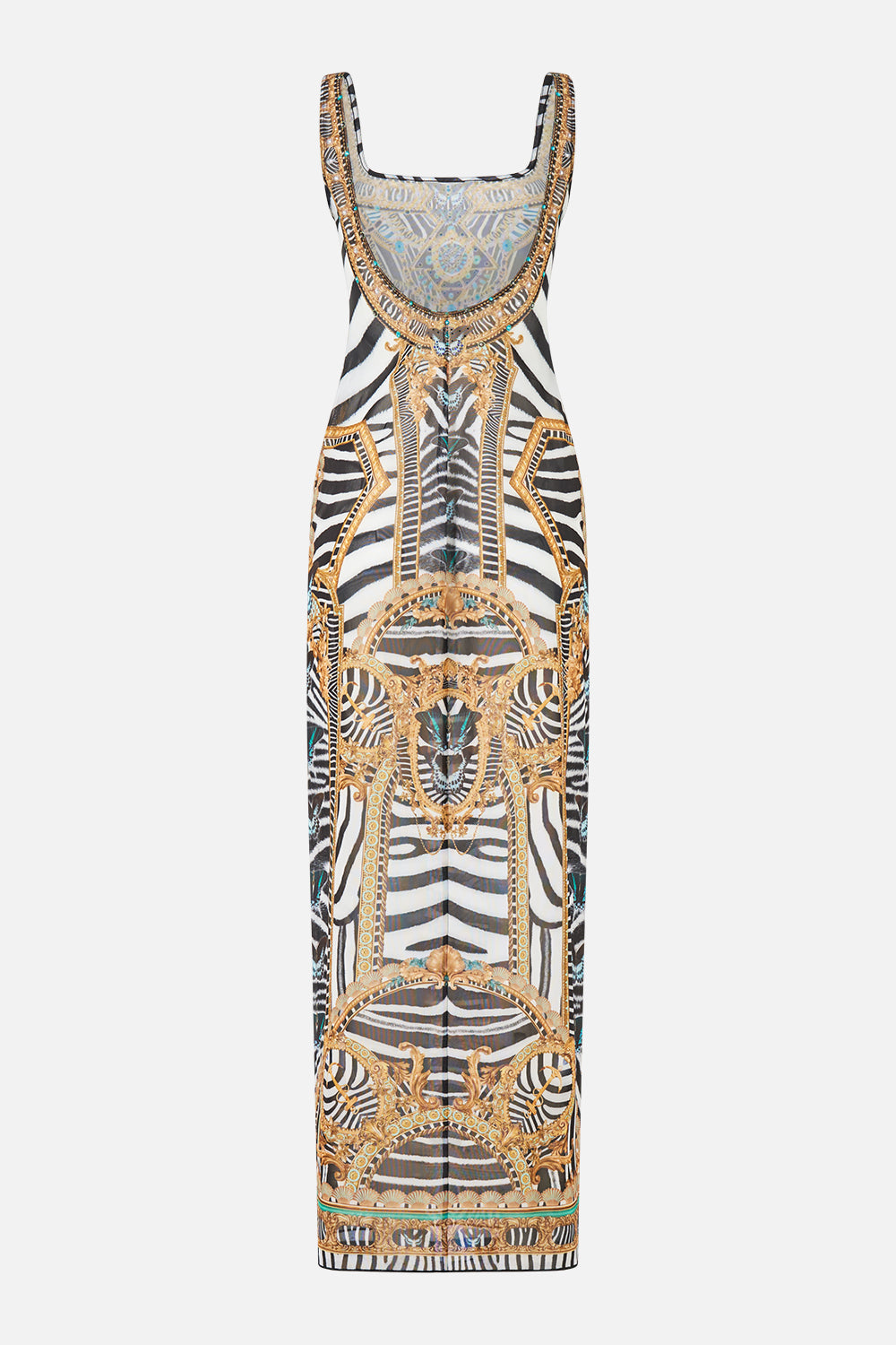 The CAMILLA Square Neck Beach Maxi Dress W/ Low Back in Print Zig Zag Zoo. Ghost View Back