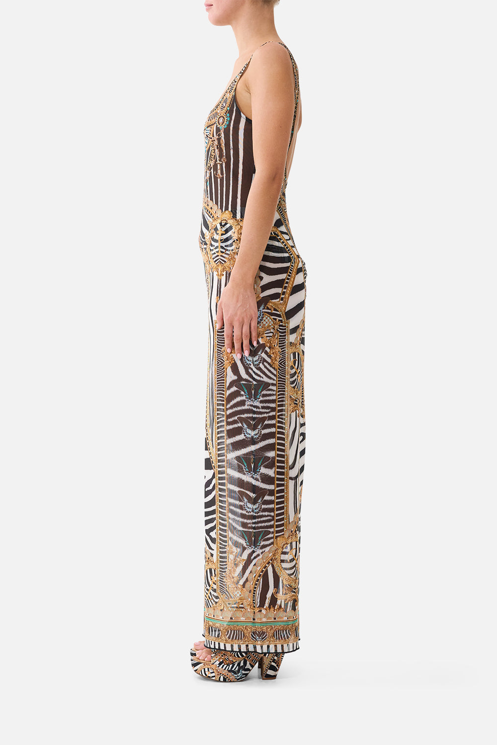 The CAMILLA Square Neck Beach Maxi Dress W/ Low Back in Print Zig Zag Zoo. Model View