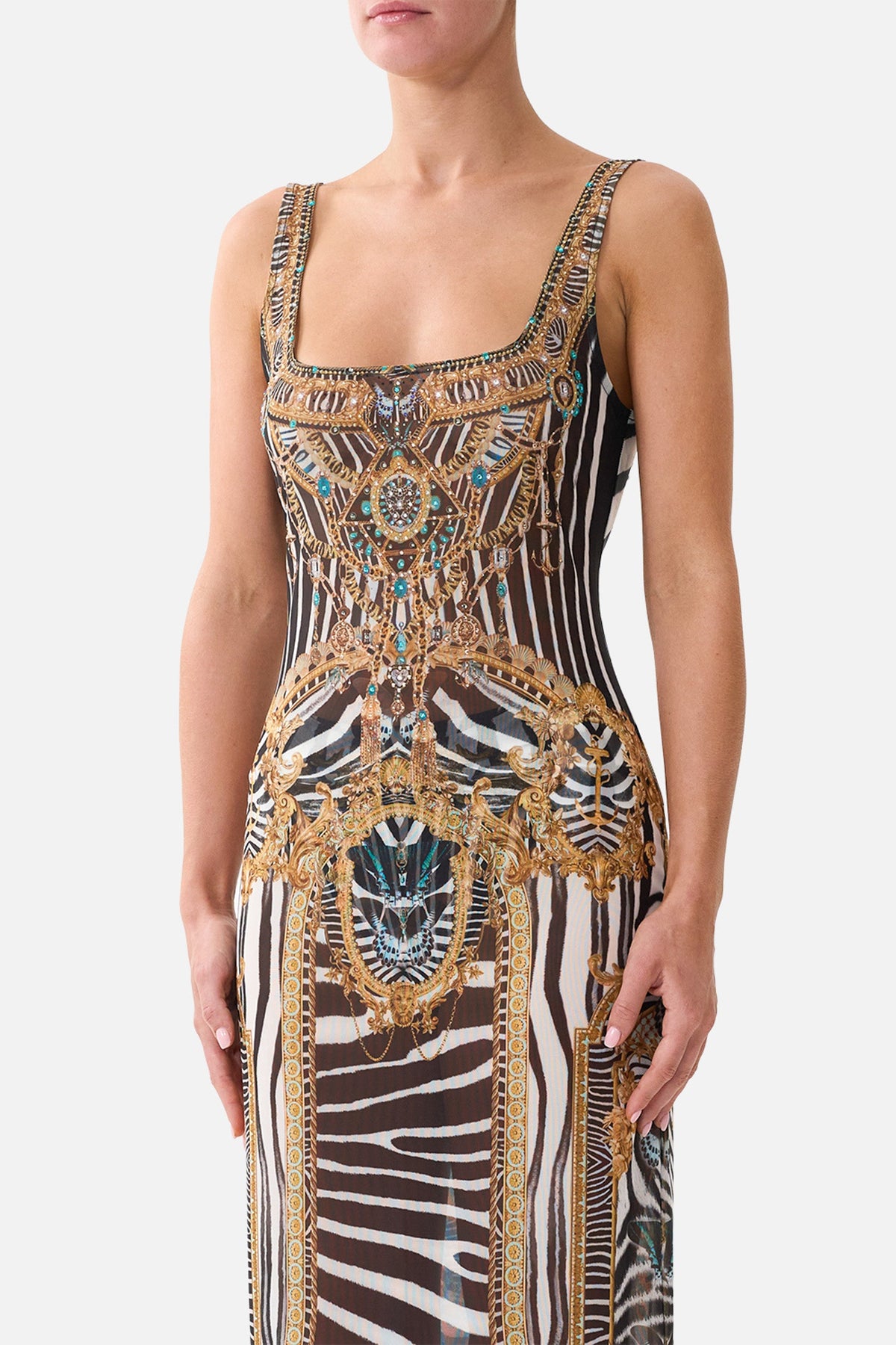 The CAMILLA Square Neck Beach Maxi Dress W/ Low Back in Print Zig Zag Zoo. Model View