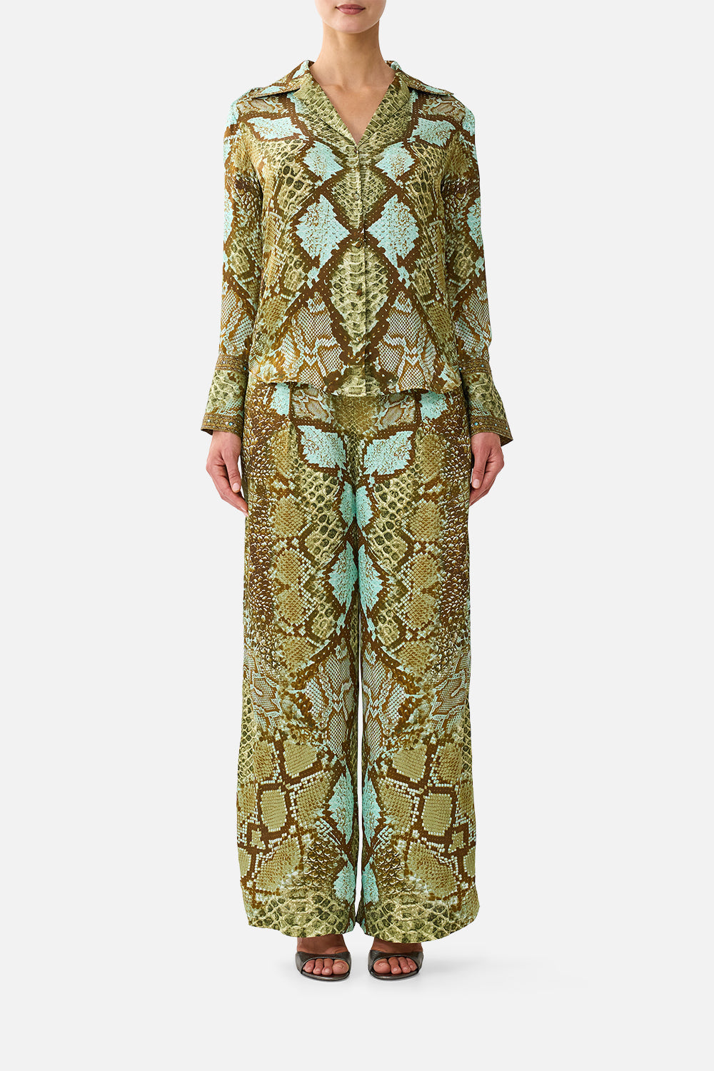 The CAMILLA Wide Leg Waisted Pant in Print My Sweet Serpentine. Model View