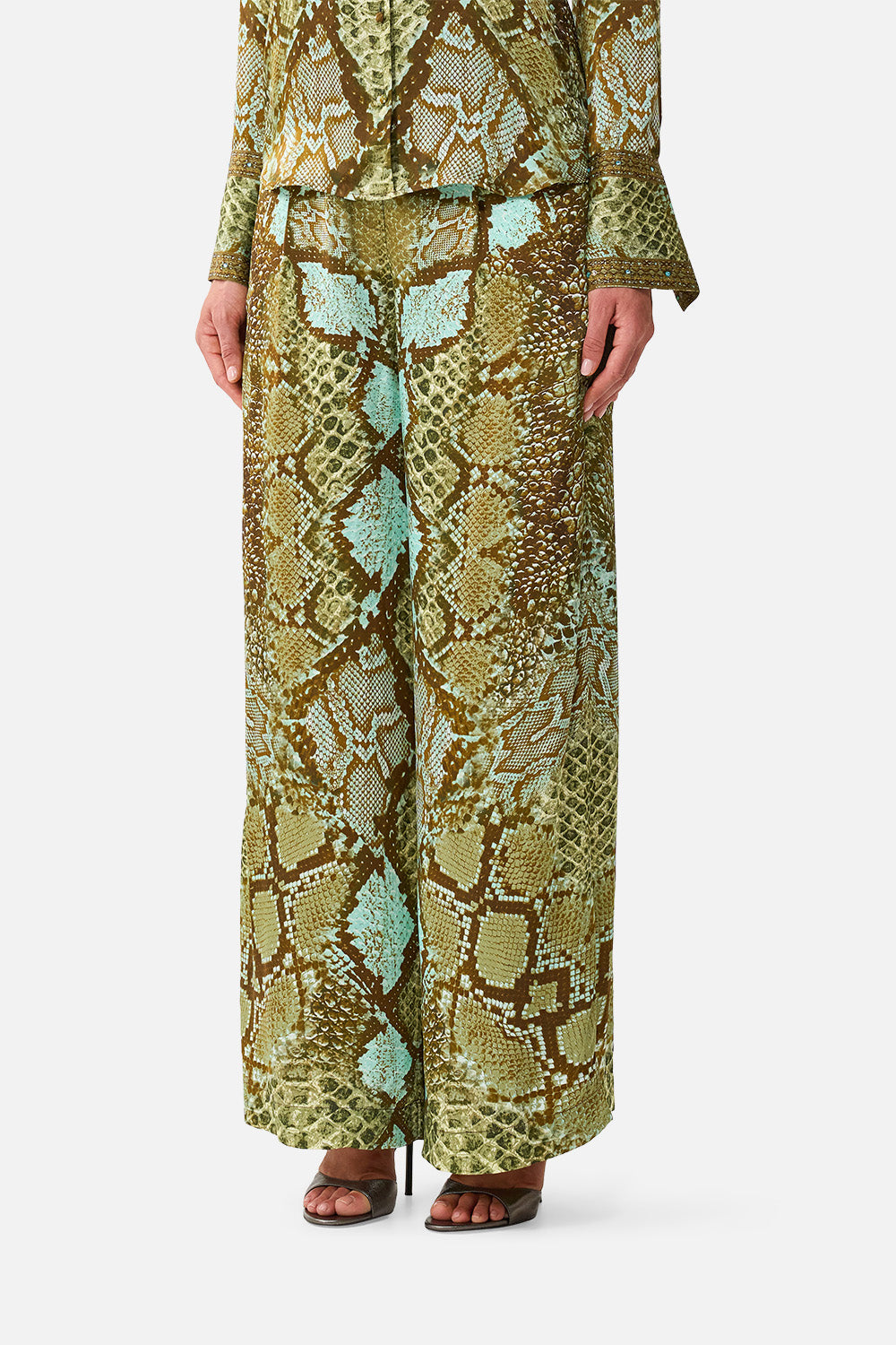 The CAMILLA Wide Leg Waisted Pant in Print My Sweet Serpentine. Model View