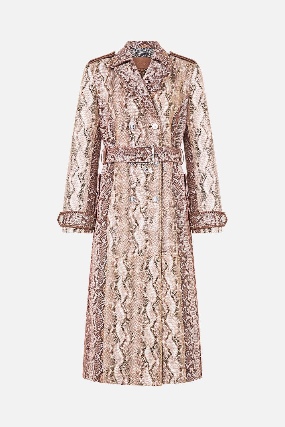 The CAMILLA Leather Trench Coat in Print Animalia Heirlooms. Ghost View Front