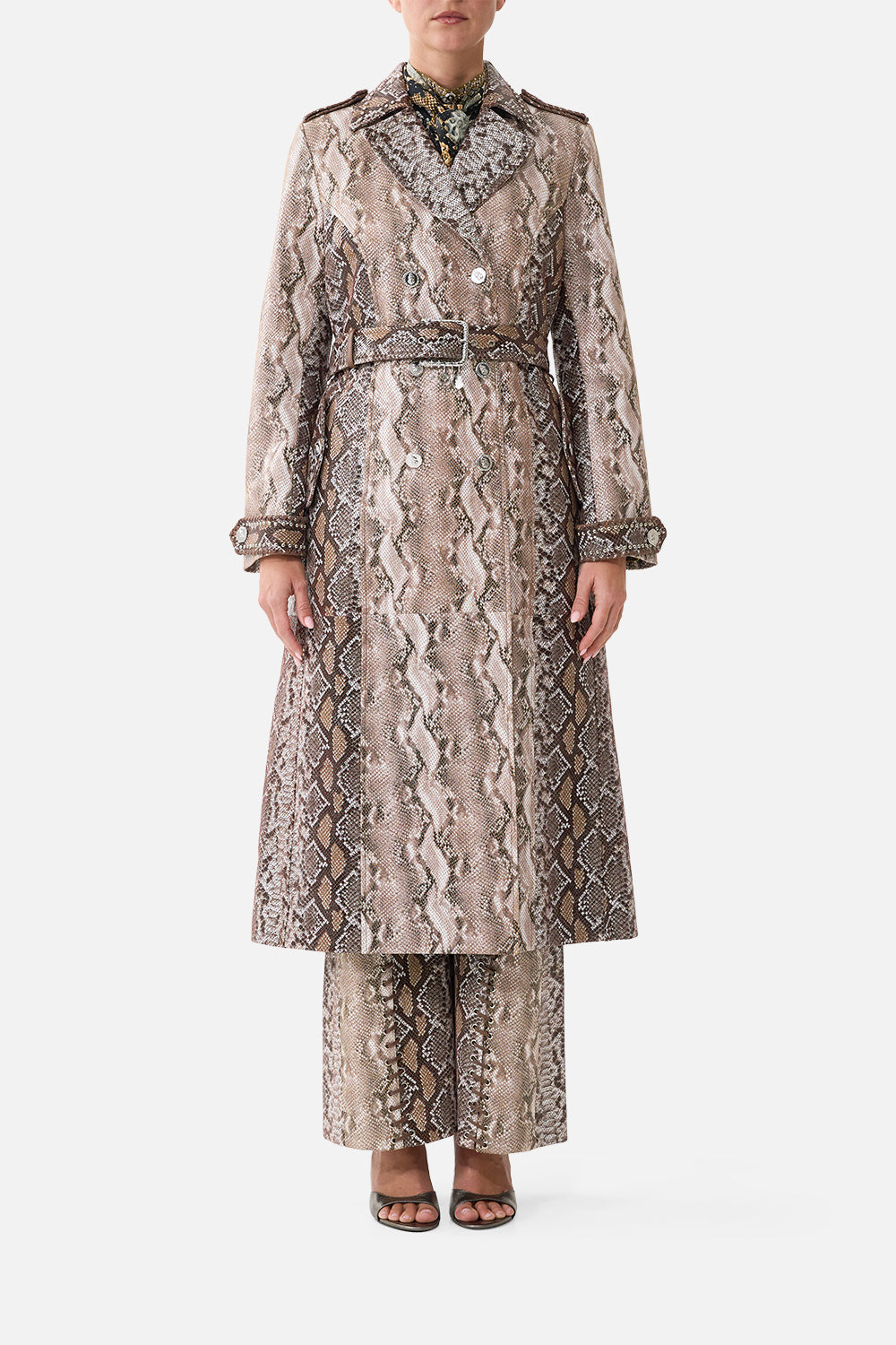 The CAMILLA Leather Trench Coat in Print Animalia Heirlooms. Model View