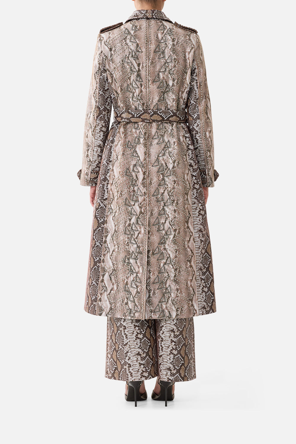 The CAMILLA Leather Trench Coat in Print Animalia Heirlooms. Model View