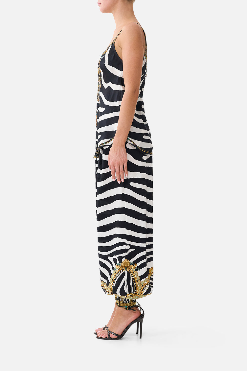 The CAMILLA V-Neck Bias Cami in Print Zig Zag Zoo. Model View
