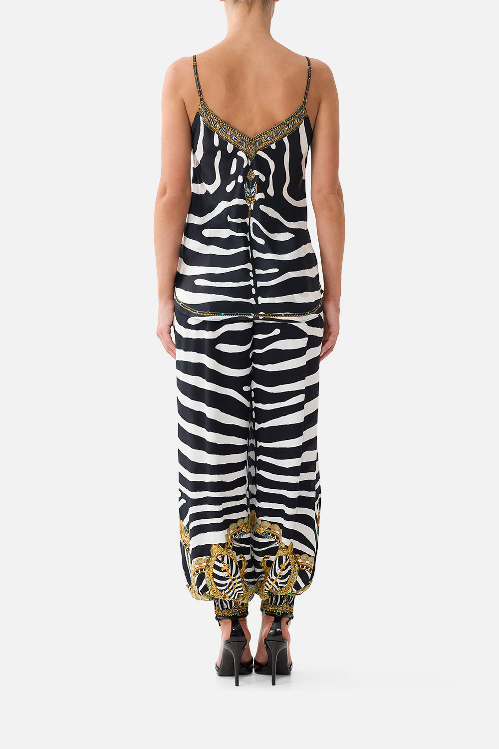 The CAMILLA V-Neck Bias Cami in Print Zig Zag Zoo. Model View