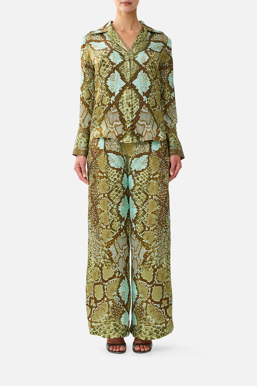 The CAMILLA Pyjama Shirt in Print My Sweet Serpentine. Model View