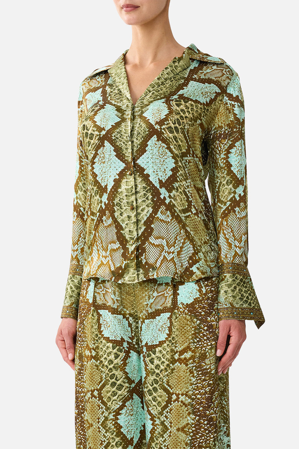 The CAMILLA Pyjama Shirt in Print My Sweet Serpentine. Model View