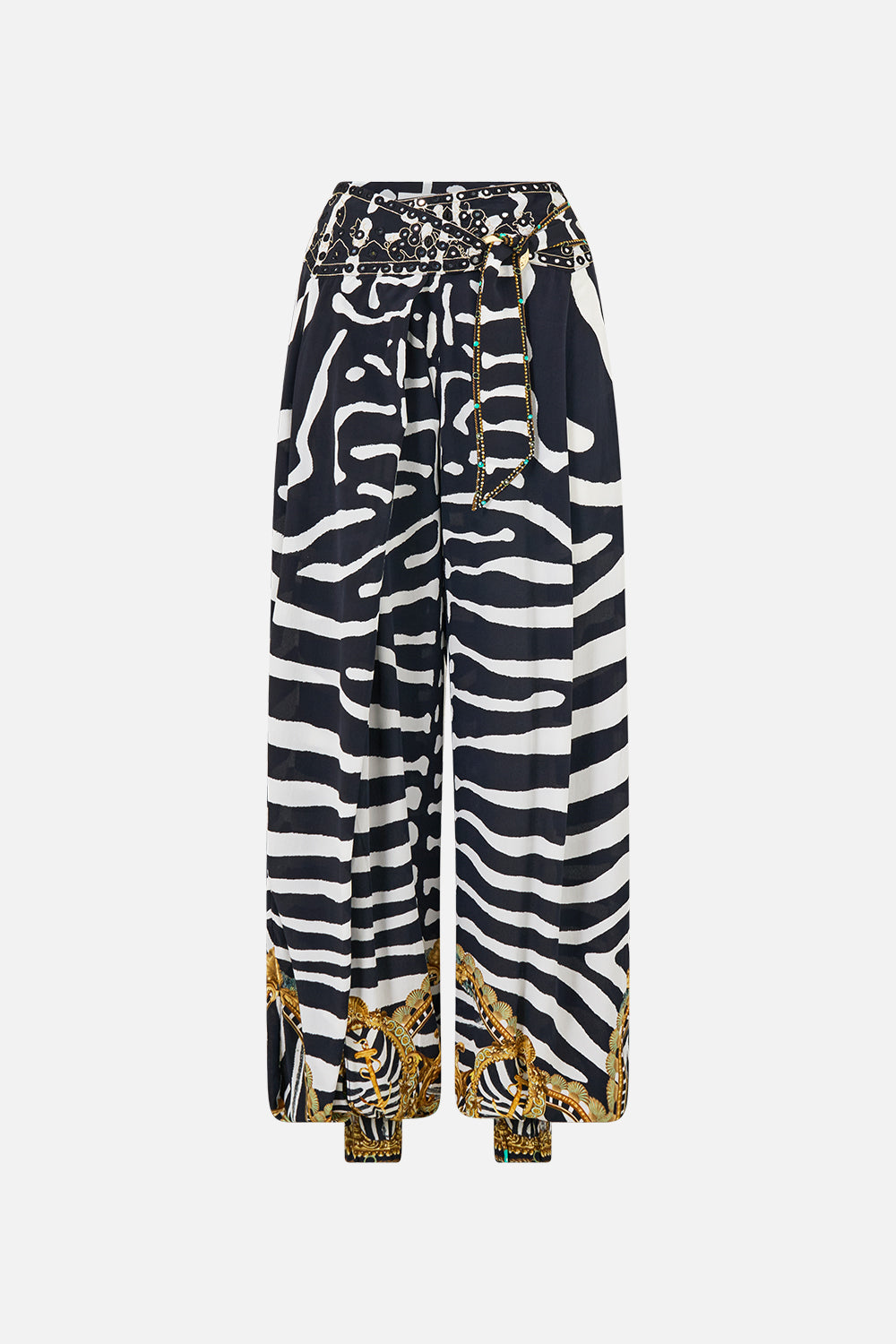 The CAMILLA Asymmetrical Belted Pant in Print Zig Zag Zoo. Ghost View Front