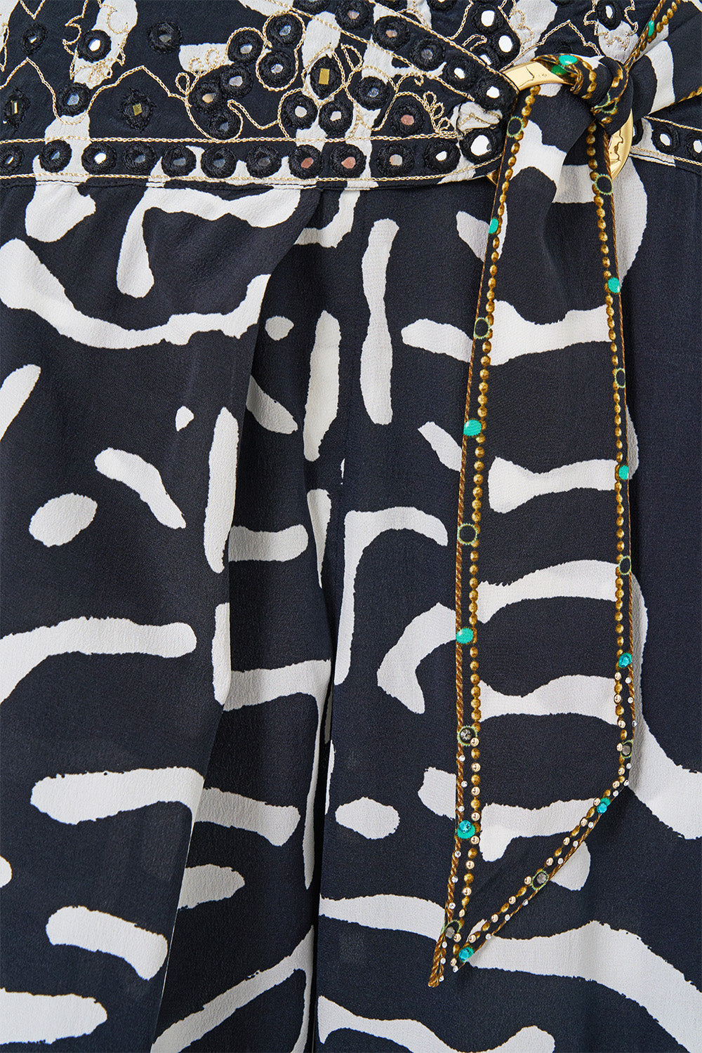 The CAMILLA Asymmetrical Belted Pant in Print Zig Zag Zoo. Ghost View