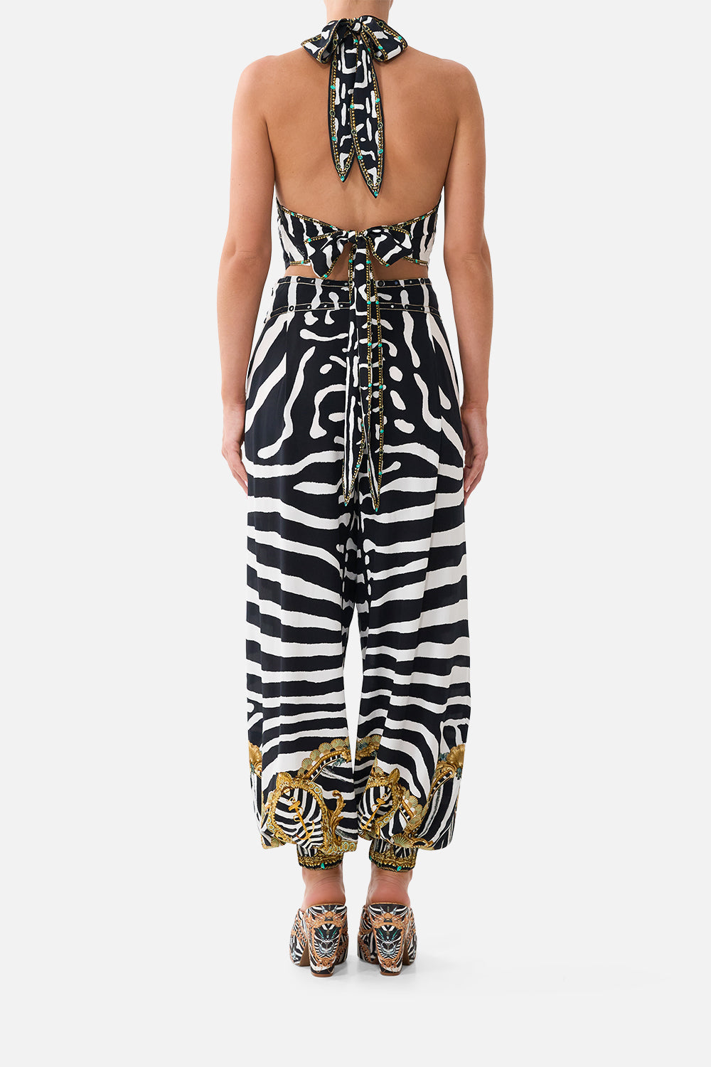 The CAMILLA Asymmetrical Belted Pant in Print Zig Zag Zoo. Model View