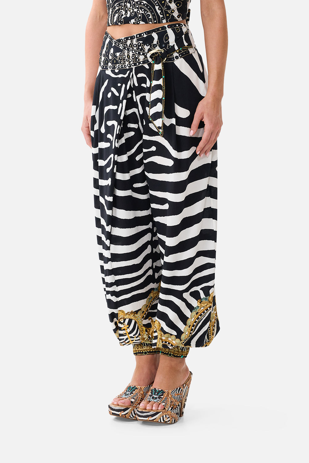 The CAMILLA Asymmetrical Belted Pant in Print Zig Zag Zoo. Model View