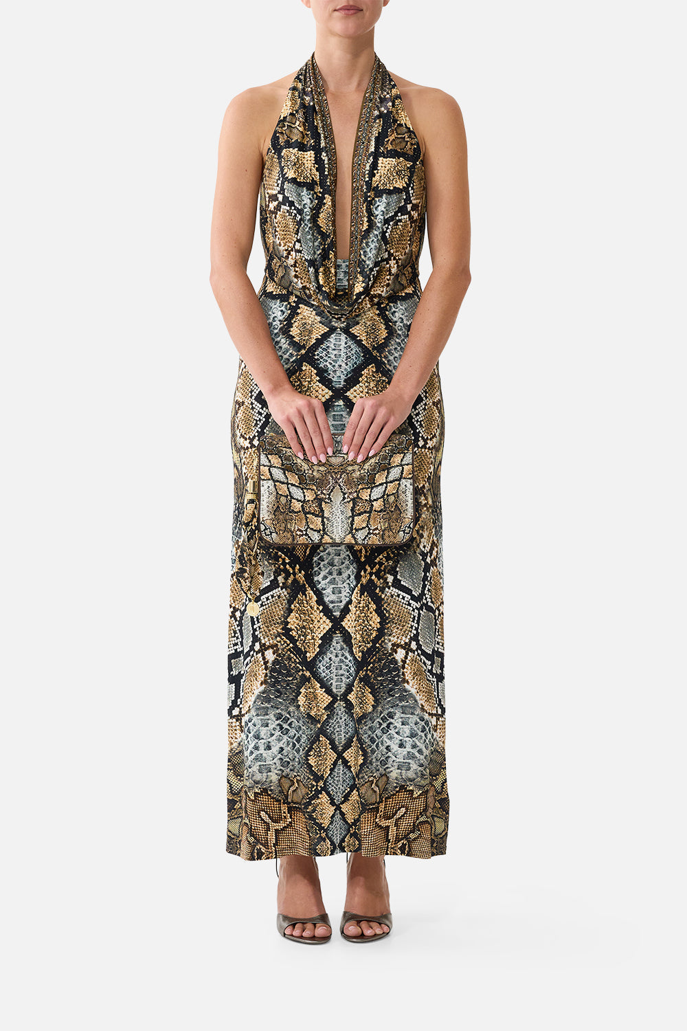 The CAMILLA Scarf Clutch in Print Animalia Heirlooms. Model View