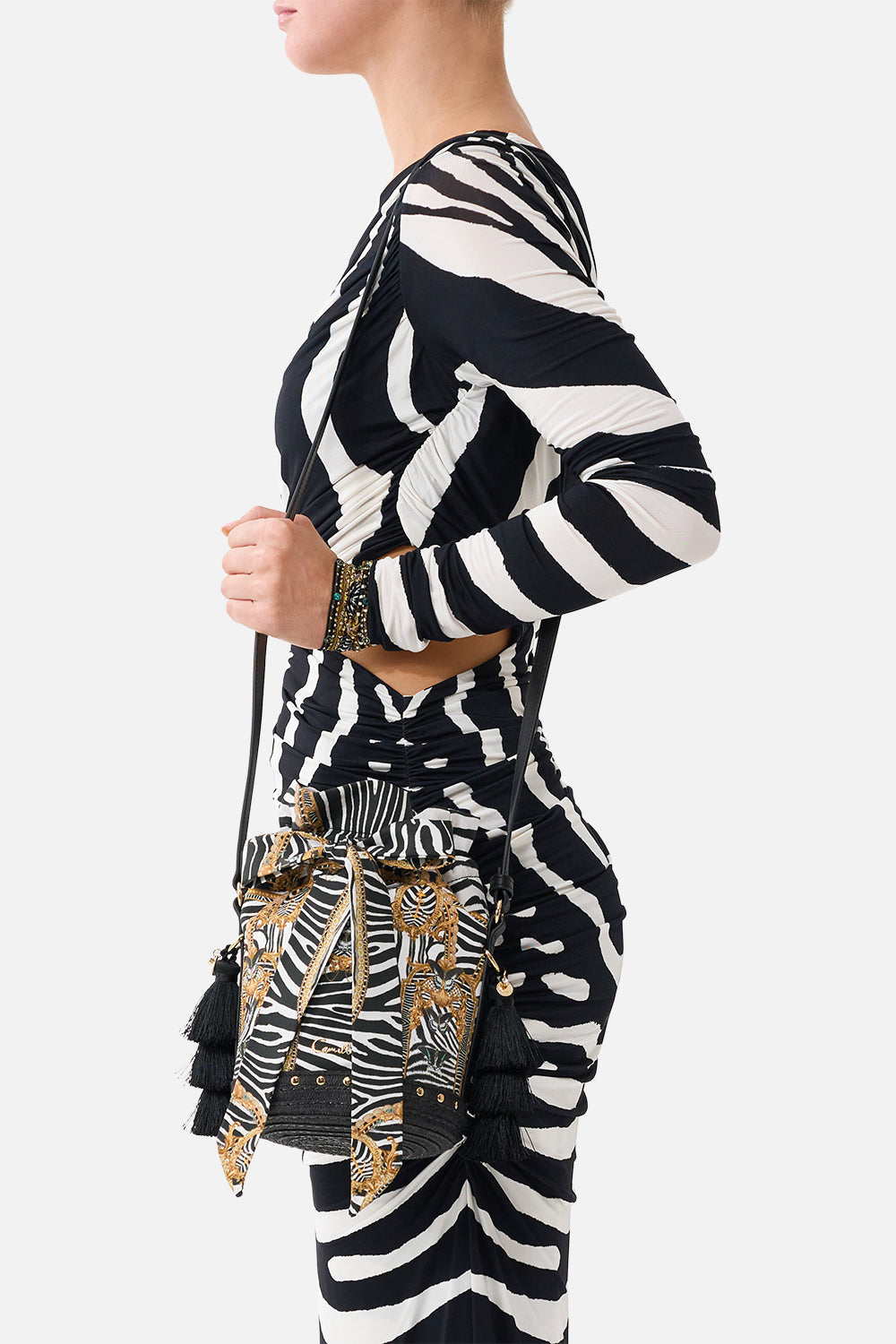 The Tie Top Bucket Bag With Tassels in print Zig Zag Zoo