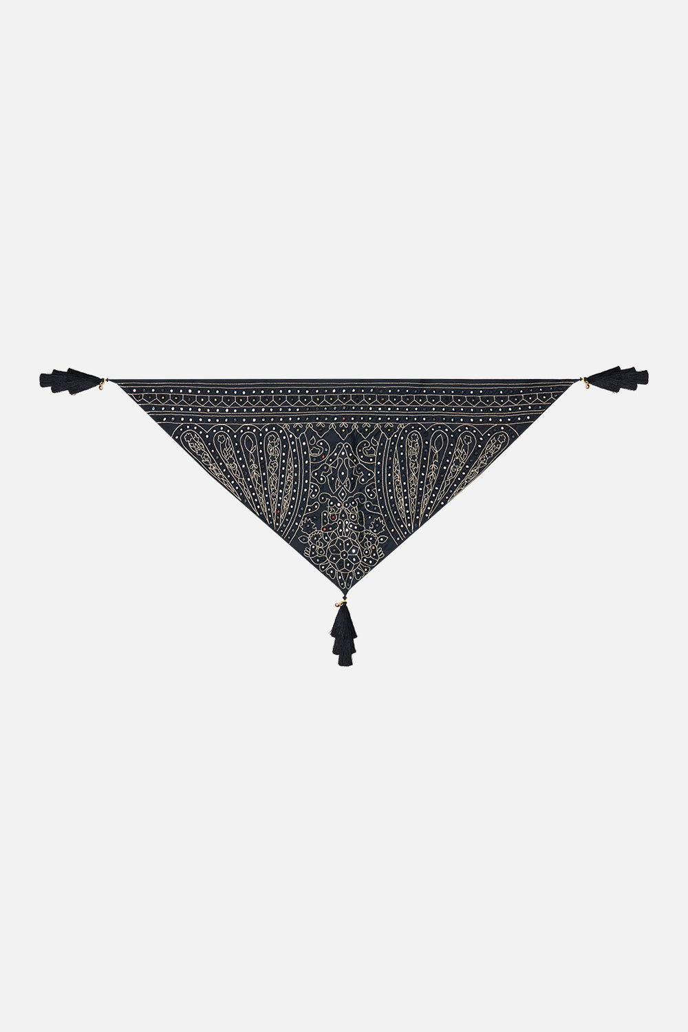 The CAMILLA Triangle Scarf With Tassels in Print Zig Zag Zoo. Ghost View Front