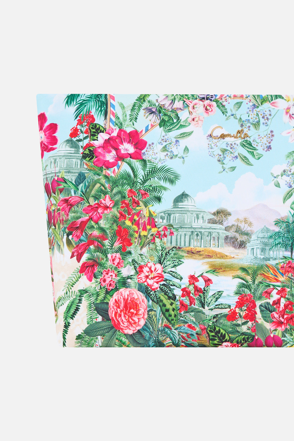 The CAMILLA Large Makeup Clutch in Print La Belle Botanique. Ghost View