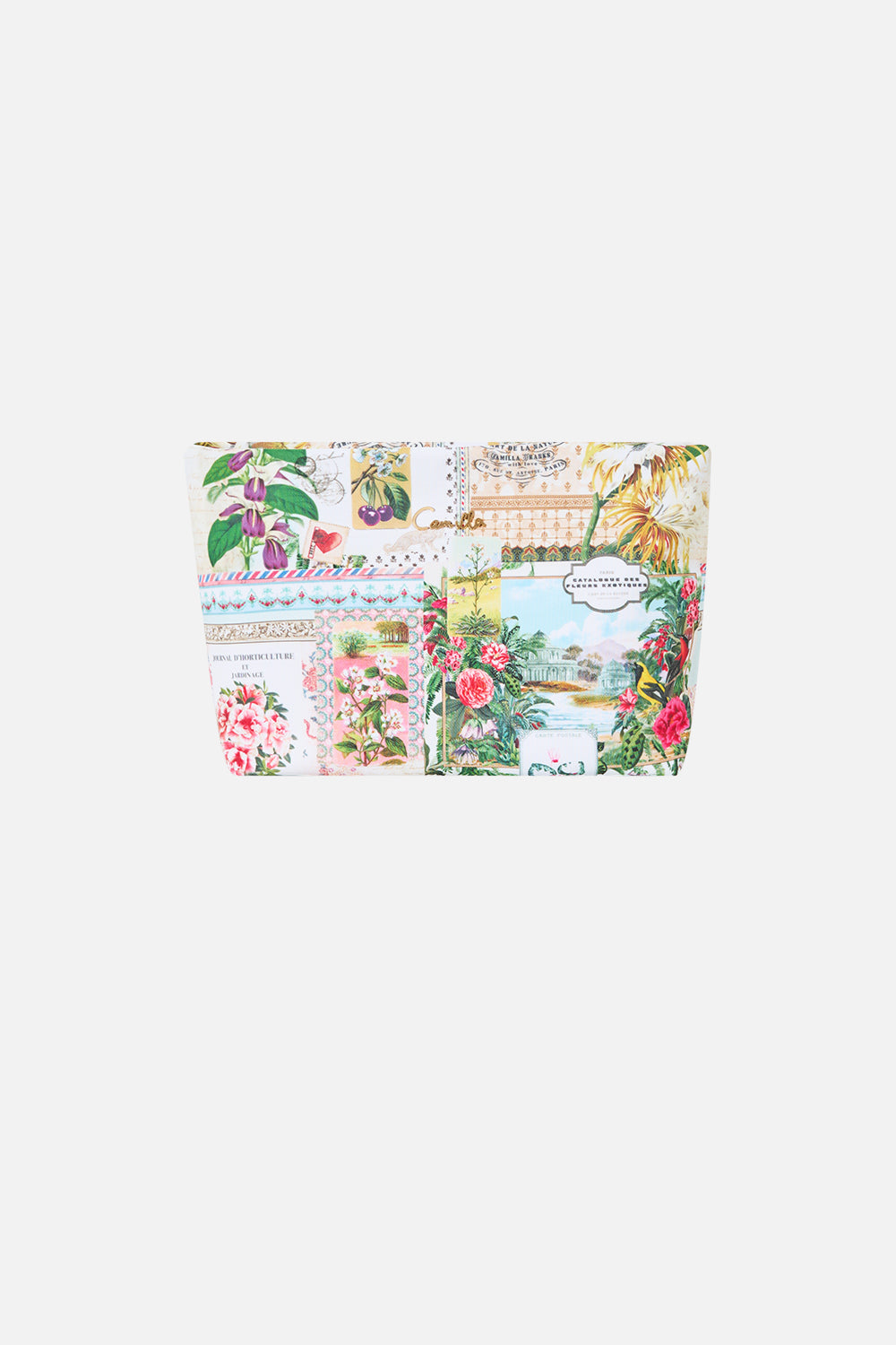 The CAMILLA Small Makeup Clutch in Print La Belle Botanique. Ghost View Front