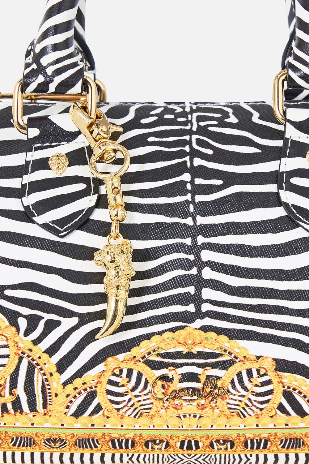 The CAMILLA Barrel Bag With Leather Trims in Print Zig Zag Zoo. Ghost View