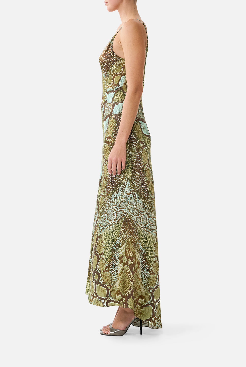 The CAMILLA V-Neck Long Bias Slip Dress With Train in Print My Sweet Serpentine. Model View