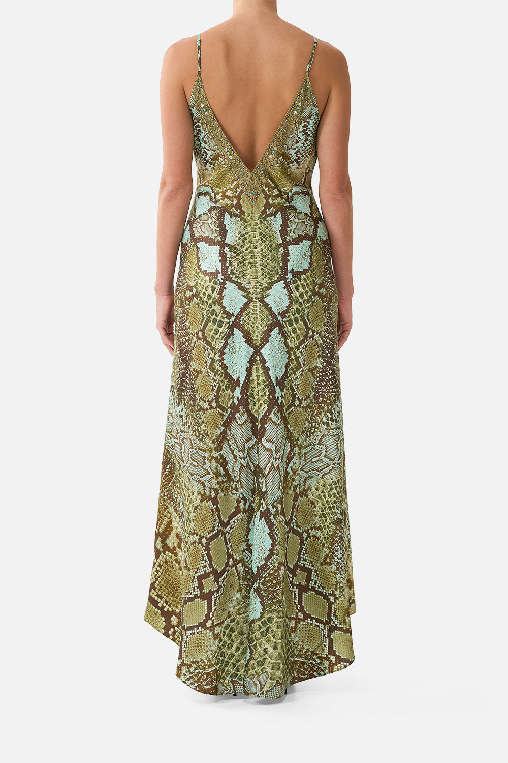 The CAMILLA V-Neck Long Bias Slip Dress With Train in Print My Sweet Serpentine. Model View