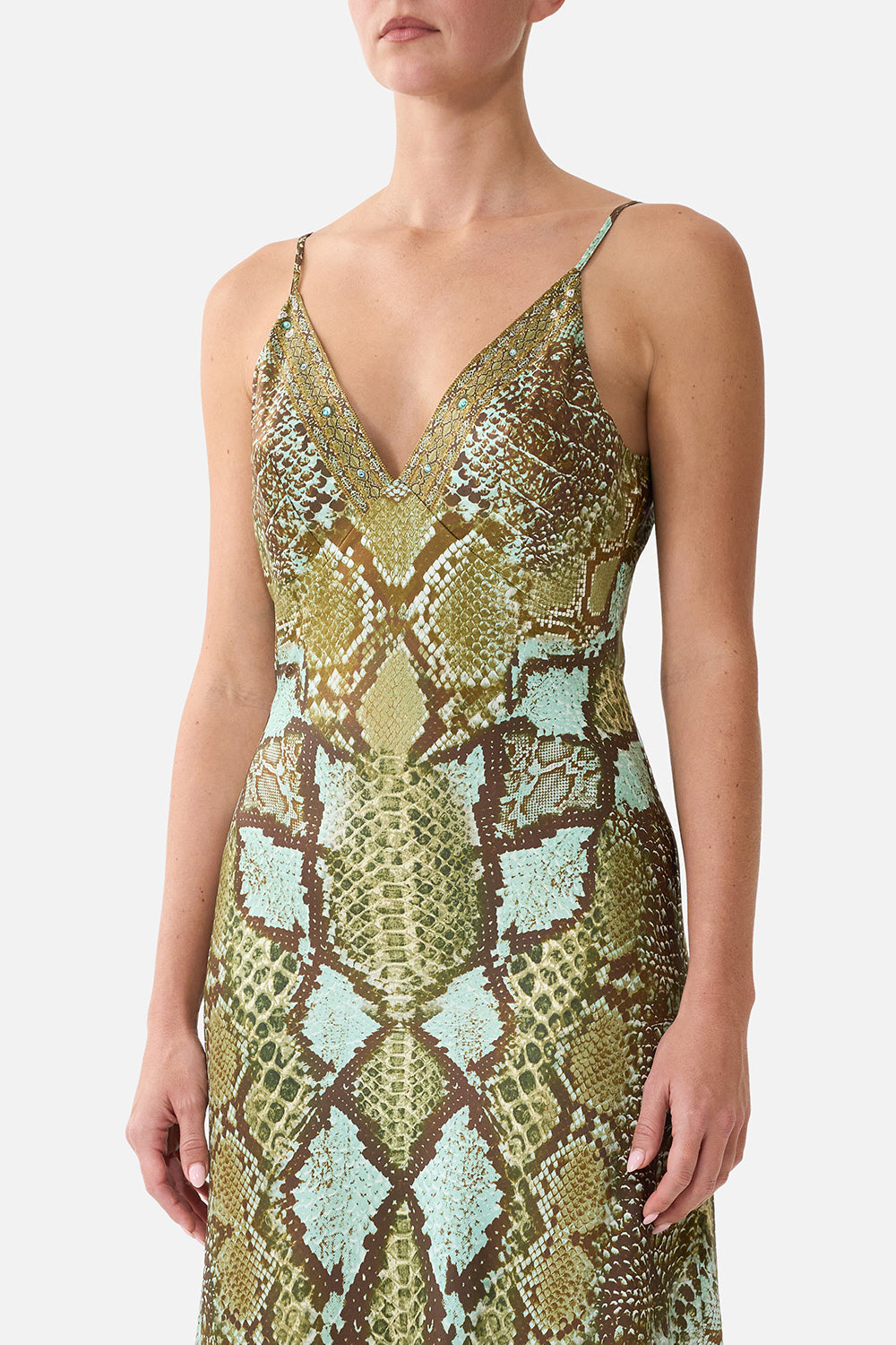 The CAMILLA V-Neck Long Bias Slip Dress With Train in Print My Sweet Serpentine. Model View