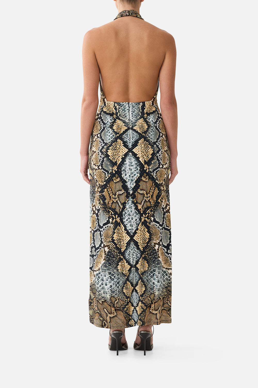 The CAMILLA Deep Cowl Plunge Dress in Print Animalia Heirlooms. Model View