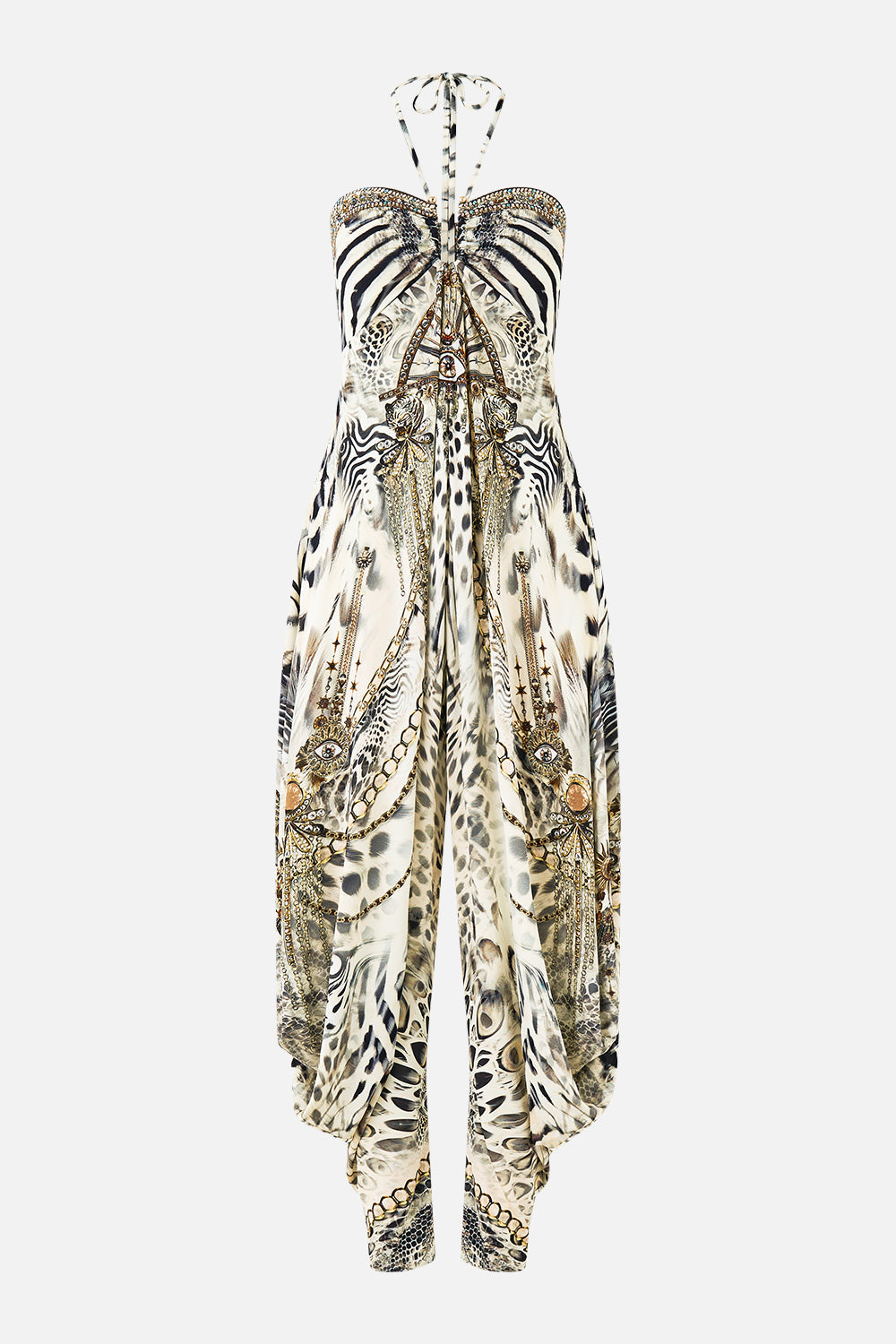 The CAMILLA draped pant jumpsuit with hardware from our print lady lionheart, front product view