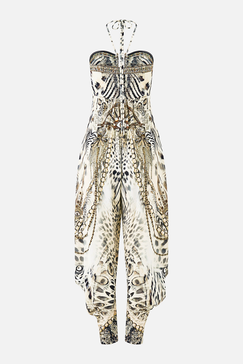 The CAMILLA draped pant jumpsuit with hardware from our print lady lionheart, back product view