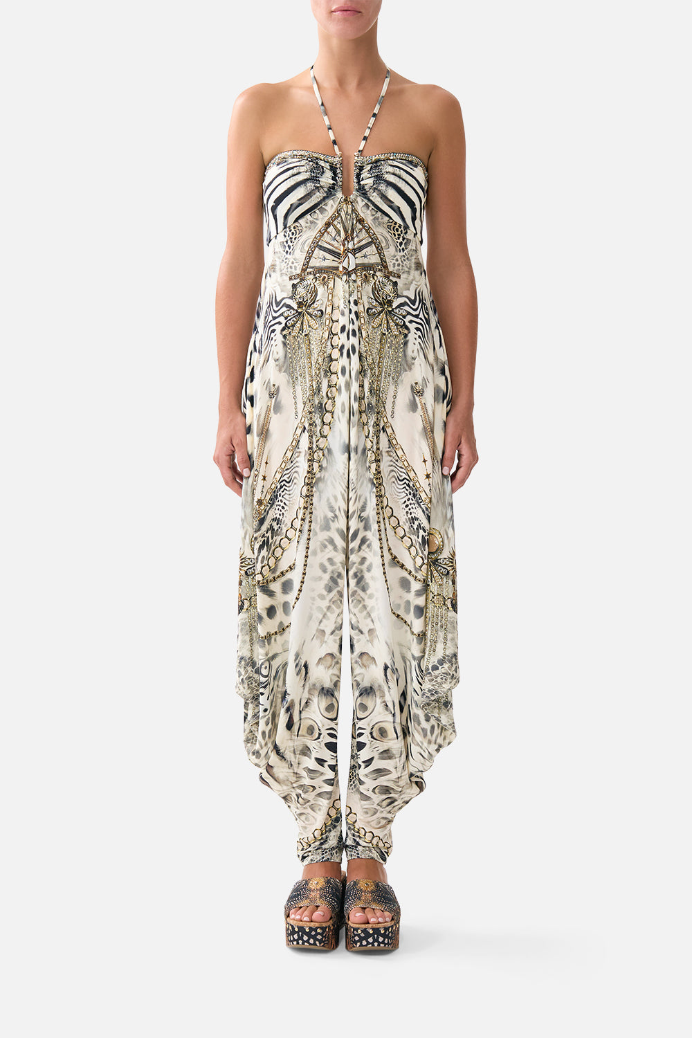 The CAMILLA draped pant jumpsuit with hardware from our print lady lionheart, front model view