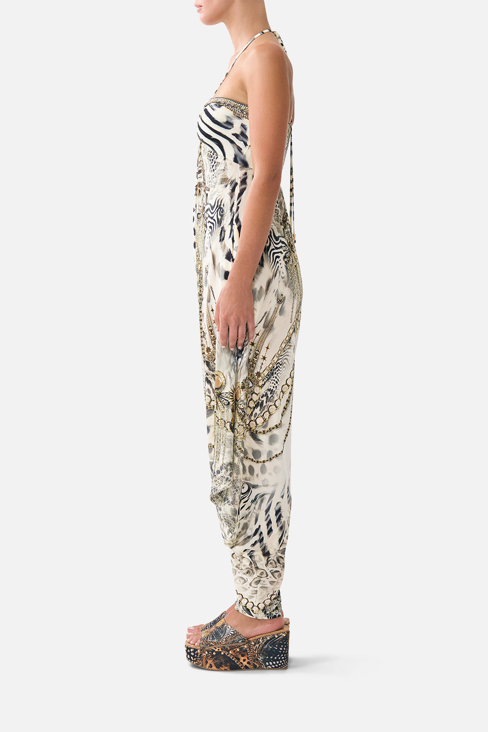 The CAMILLA draped pant jumpsuit with hardware from our print lady lionheart