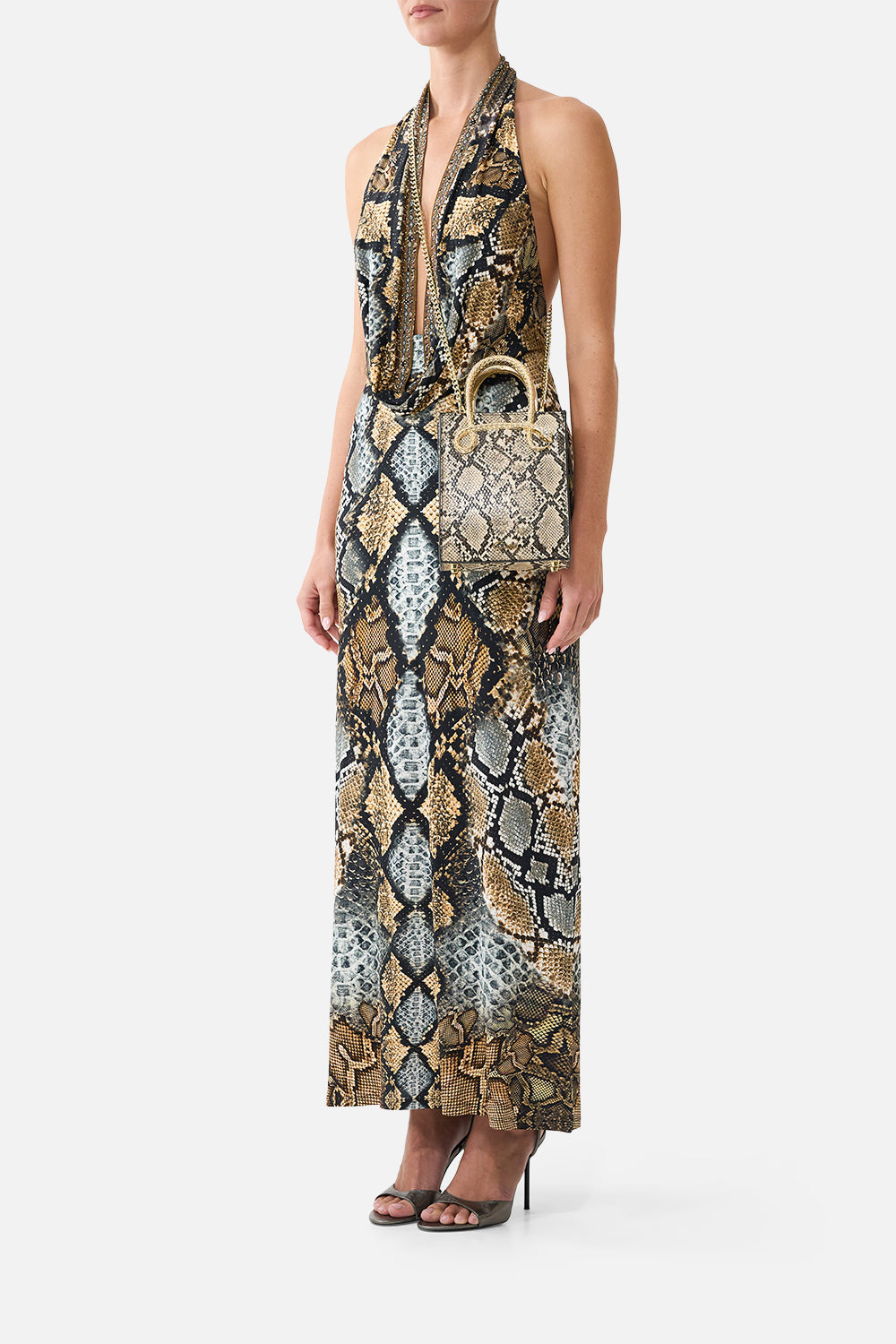 The CAMILLA Mini North South Tote in Print Animalia Heirlooms. Model View
