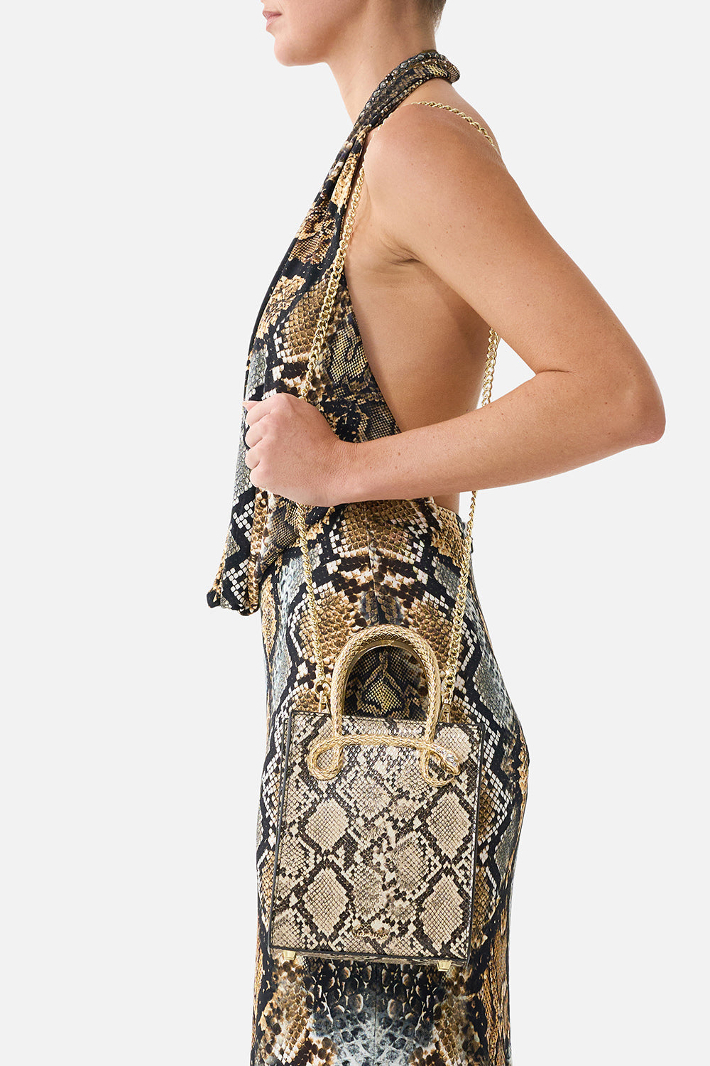 The CAMILLA Mini North South Tote in Print Animalia Heirlooms. Model View
