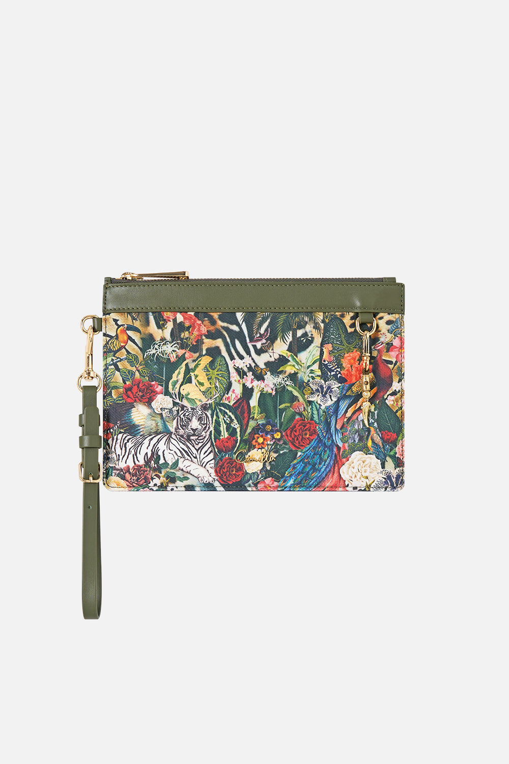 The CAMILLA Clutch with Wristlet in our Leotigra Land print, front view.