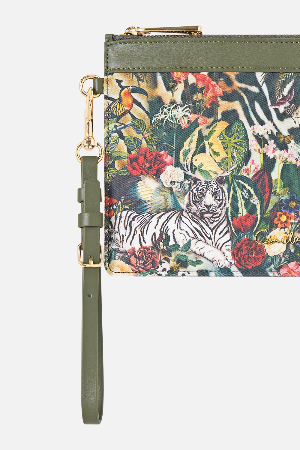 The CAMILLA Clutch with Wristlet in our Leotigra Land print, back view.