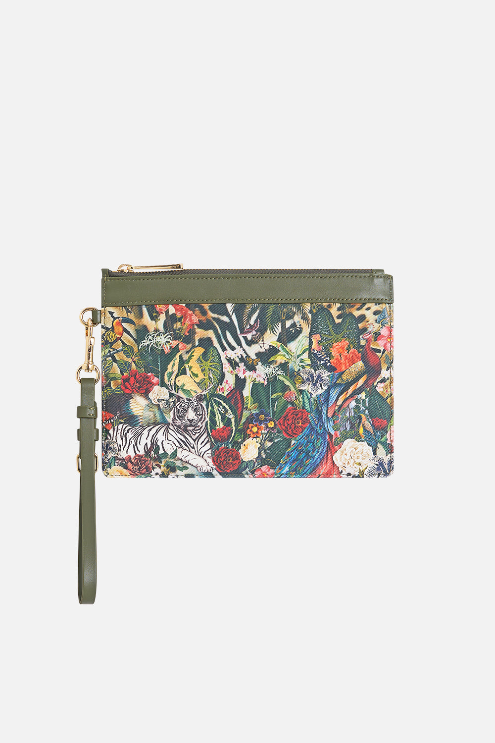 The CAMILLA Clutch with Wristlet in our Leotigra Land print, fabric detail.