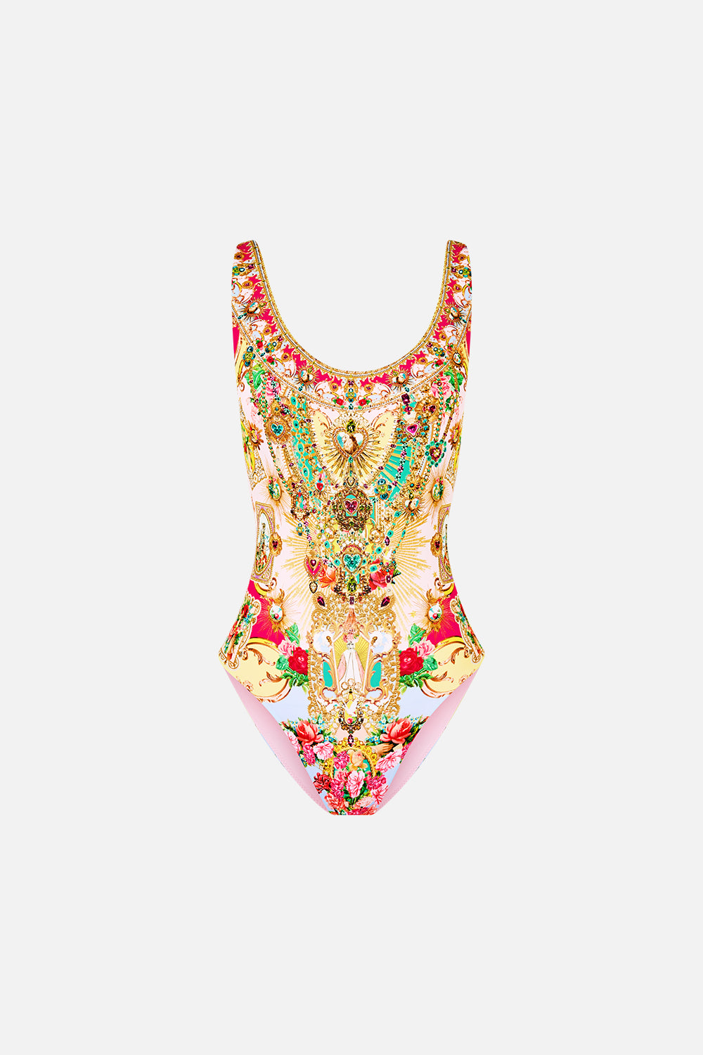 The CAMILLA WIDE STRAP ROUND NECK ONE PIECE WITH LOW BACK PAINTED PRAYERS