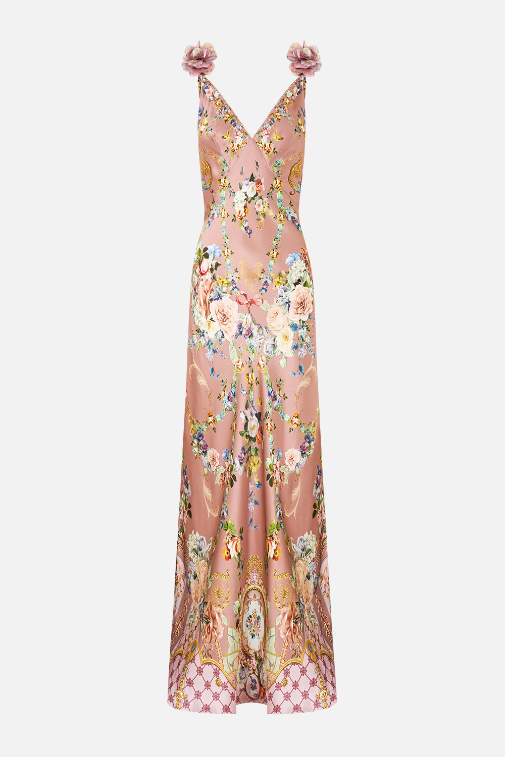The CAMILLA V NECK BIAS SLIP DRESS WITH BACK FRILL CHAMBER OF BLOOMS