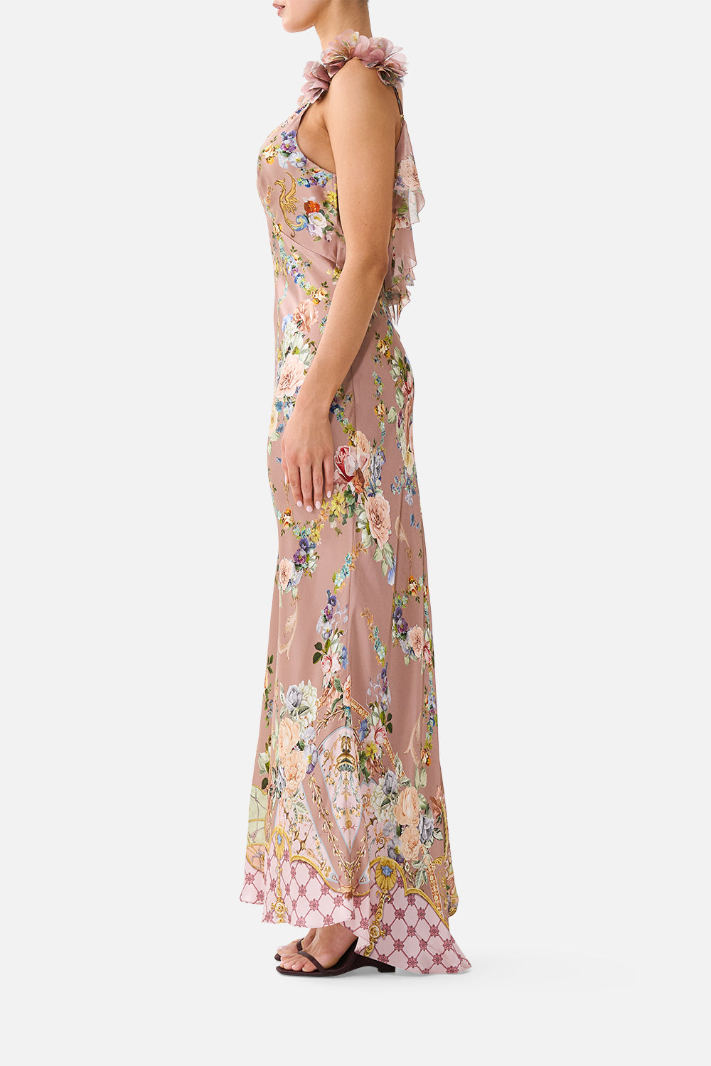 The CAMILLA V NECK BIAS SLIP DRESS WITH BACK FRILL CHAMBER OF BLOOMS