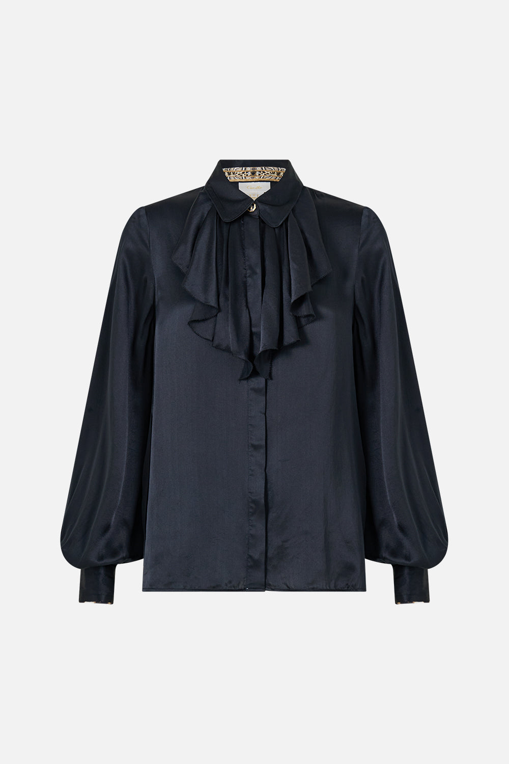 The CAMILLA Collared Shirt with Frill Neck Detail Leopard Libertine in our Leopard Libertine print.