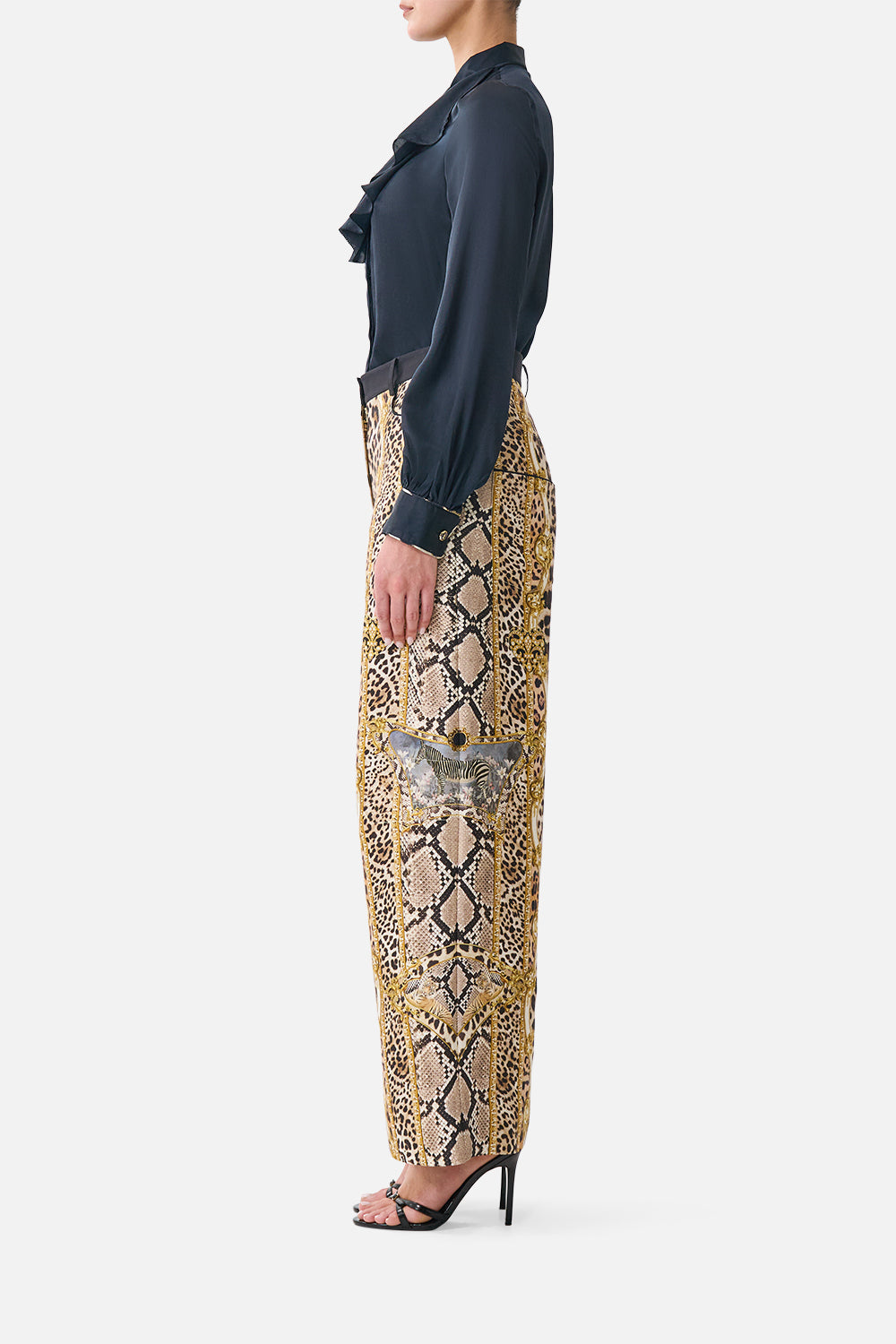 The CAMILLA Collared Shirt with Frill Neck Detail Leopard Libertine in our Leopard Libertine print.