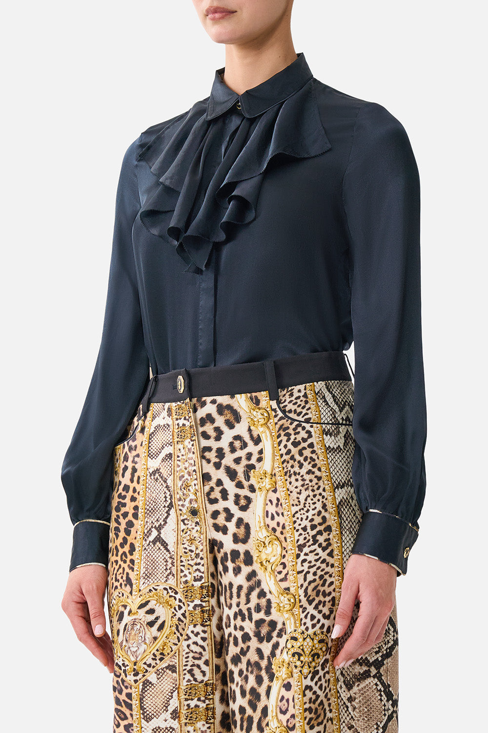 The CAMILLA COLLARED SHIRT WITH FRILL NECK DETAIL LEOPARD LIBERTINE