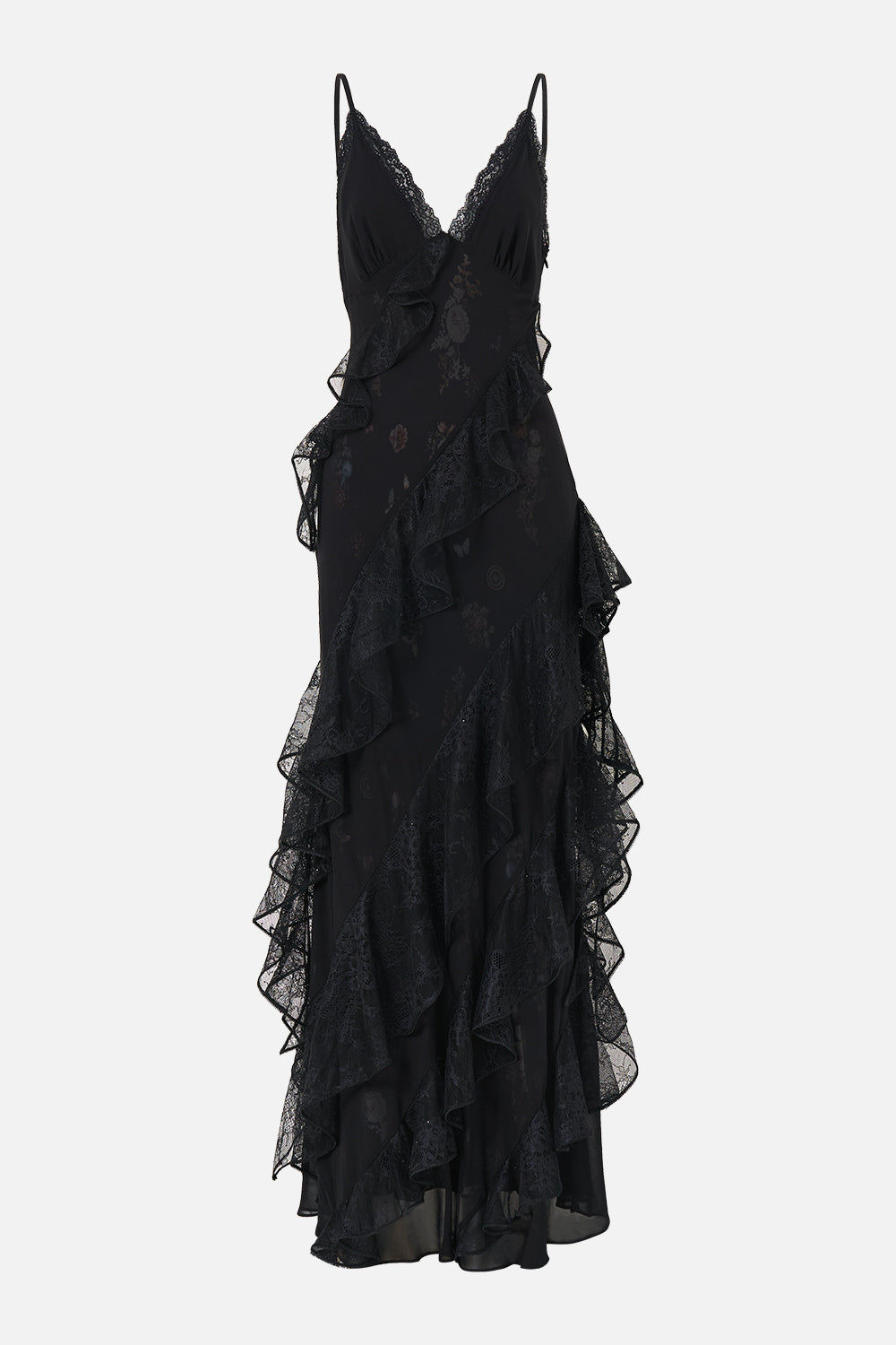 The CAMILLA ASYMMETRICAL RUFFLE SLIP DRESS NIGHT GARDEN