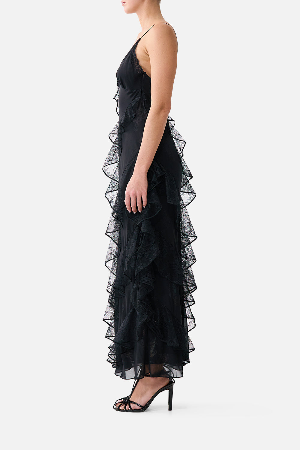 The CAMILLA ASYMMETRICAL RUFFLE SLIP DRESS NIGHT GARDEN